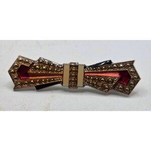 Vintage Art Deco Bow Brooch With Red & Gold Accents